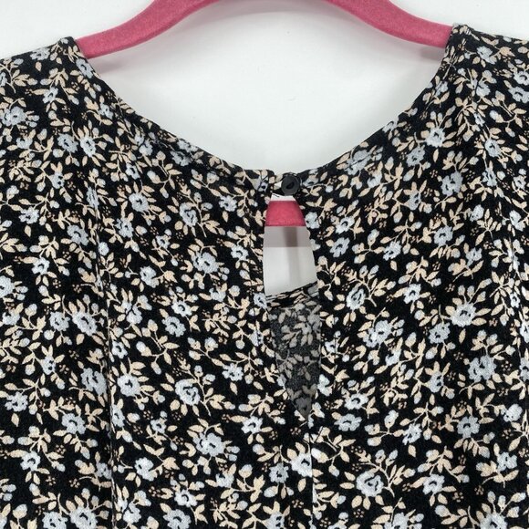 Aerie Size M Black Floral Print Short Sleeve Tiered Midi Dress Boho Peasant - Picture 12 of 13